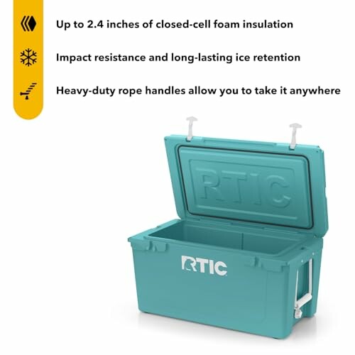 RTIC cooler with features listed: foam insulation, impact resistance, rope handles.