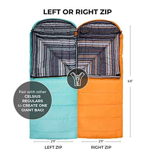 Sleeping bags with left and right zip options, teal and orange.