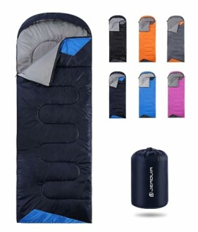 Various colored sleeping bags and a compact storage bag.