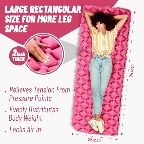 Woman lying on a large pink sleeping pad with text highlighting features.