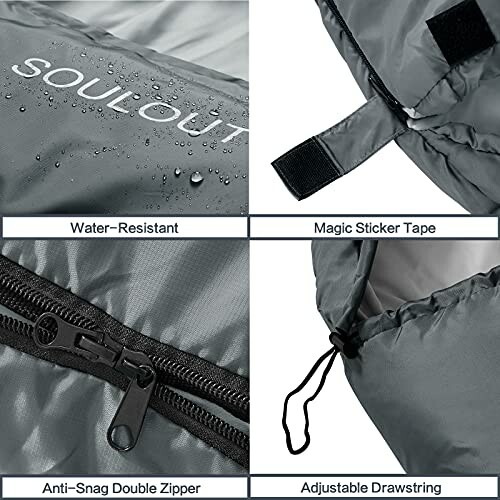 Close-up of Soulout sleeping bag features: water-resistant fabric, magic sticker tape, anti-snag zipper, adjustable drawstring.