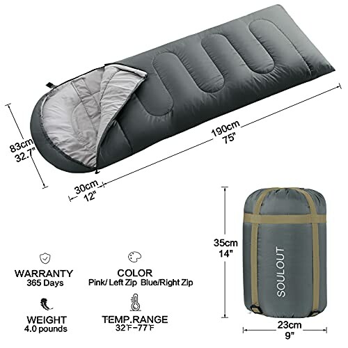 Soulout sleeping bag with dimensions and storage bag