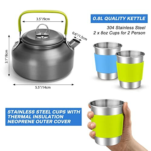 0.8L quality kettle with stainless steel cups, thermal insulation, and neoprene cover.