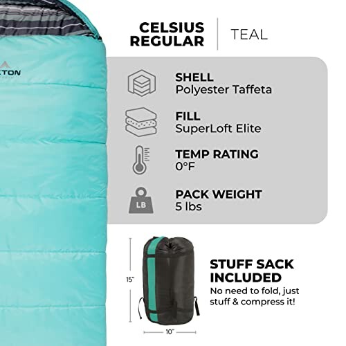 Image of teal sleeping bag with specifications including polyester shell, SuperLoft Elite fill, 0°F temperature rating, and 5 lbs pack weight with stuff sack included.