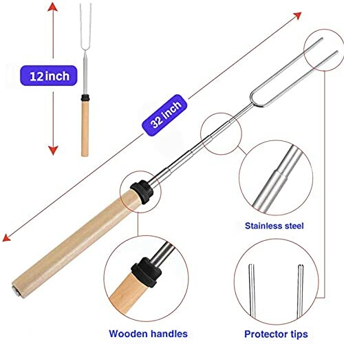 Telescopic camping fork with wooden handle and stainless steel prongs.