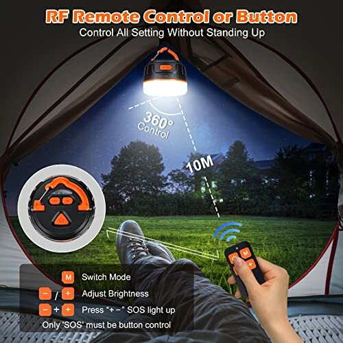 Person using RF remote to control a tent light with 360-degree brightness control.