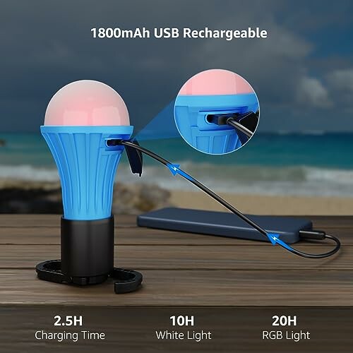 USB rechargeable light bulb with 1800mAh capacity and charging cable.