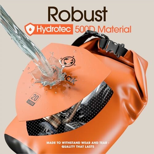 Water splashing on orange waterproof bag with Hydrotec 500D material.