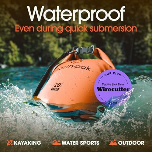 Orange waterproof bag floating in water with text 'Waterproof even during quick submersion'.