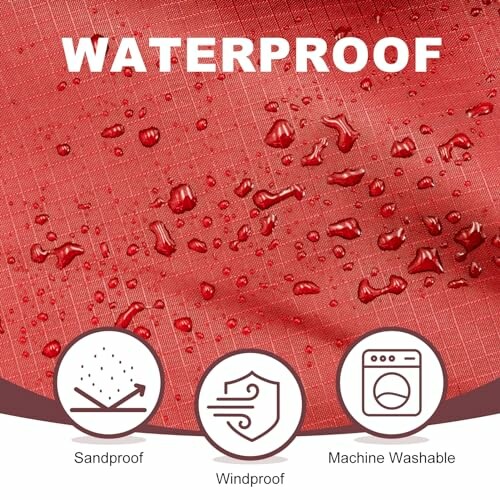 Red waterproof fabric with water droplets, sandproof, windproof, machine washable icons.