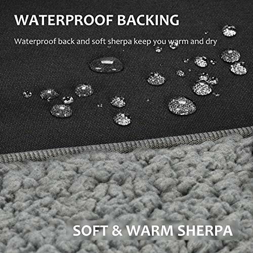 Waterproof backing with soft sherpa texture and water droplets.