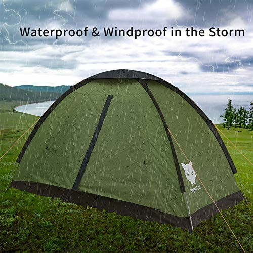 Green tent in rain with text 'Waterproof & Windproof in the Storm'.