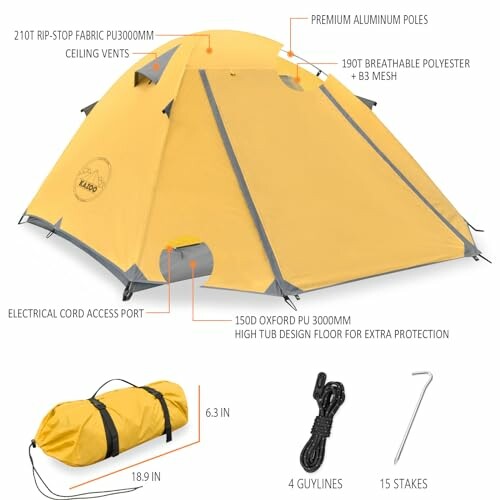 Yellow camping tent with aluminum poles and accessories, including stakes and guylines.