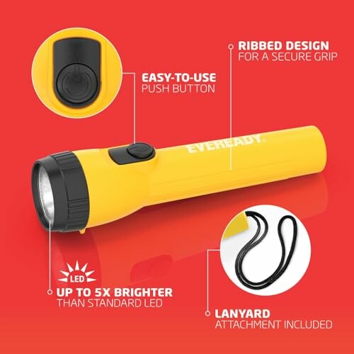 Yellow flashlight with easy-to-use button and ribbed design.