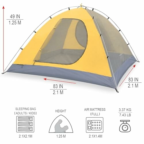 Yellow and grey camping tent with dimensions and features