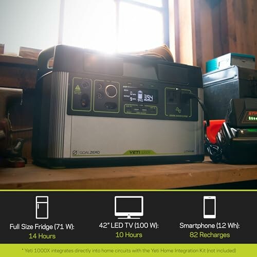 Yeti 1000X portable power station with usage details for fridge, TV, and smartphone.