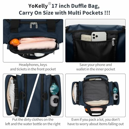 YoKelly 17 inch duffle bag with multiple pockets for organized storage.